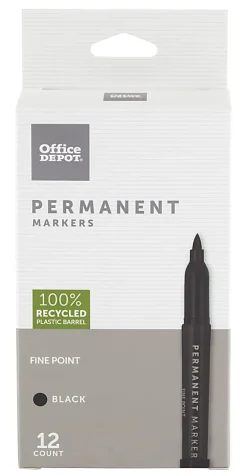 Office DepotĀ® Brand Permanent Markers, Fine Point, 100% Recycled Plastic Barrel, Black Ink, Pack Of 12
