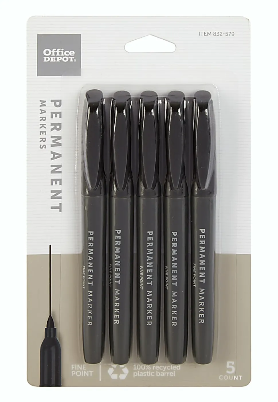 Office Depot® Brand Permanent Markers, Fine Point, 100% Recycled Plastic Barrel, Black Ink, Pack Of 5