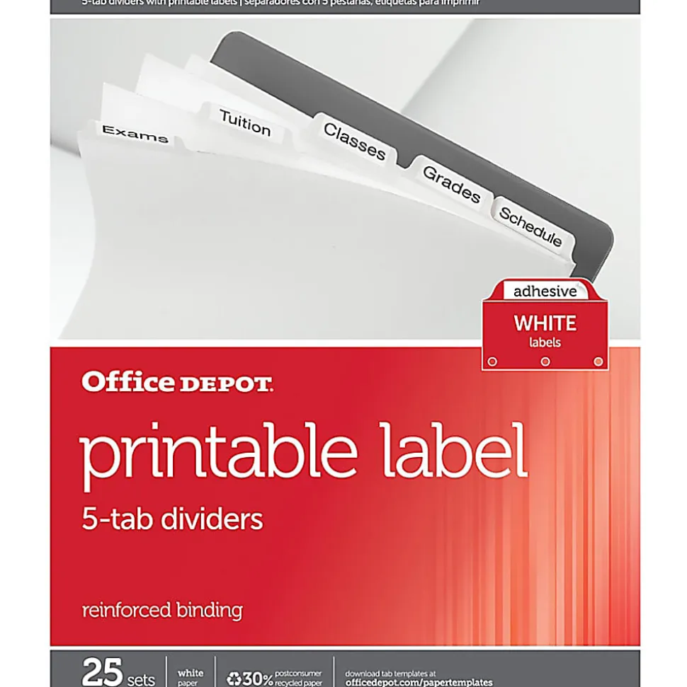 Office Depot® Brand Plain Dividers With Tabs And Labels, White, 5-Tab, Pack Of 25 Sets