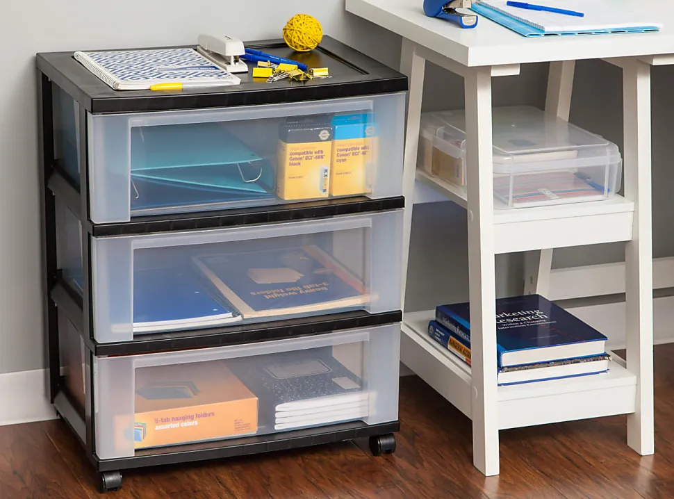 Office Depot® Brand Plastic 3-Drawer Storage Cart, 27" x 21-1/2" x 15", Black