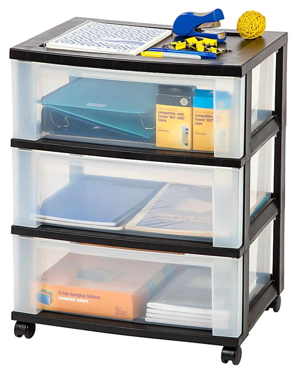 Office Depot® Brand Plastic 3-Drawer Storage Cart, 27" x 21-1/2" x 15", Black
