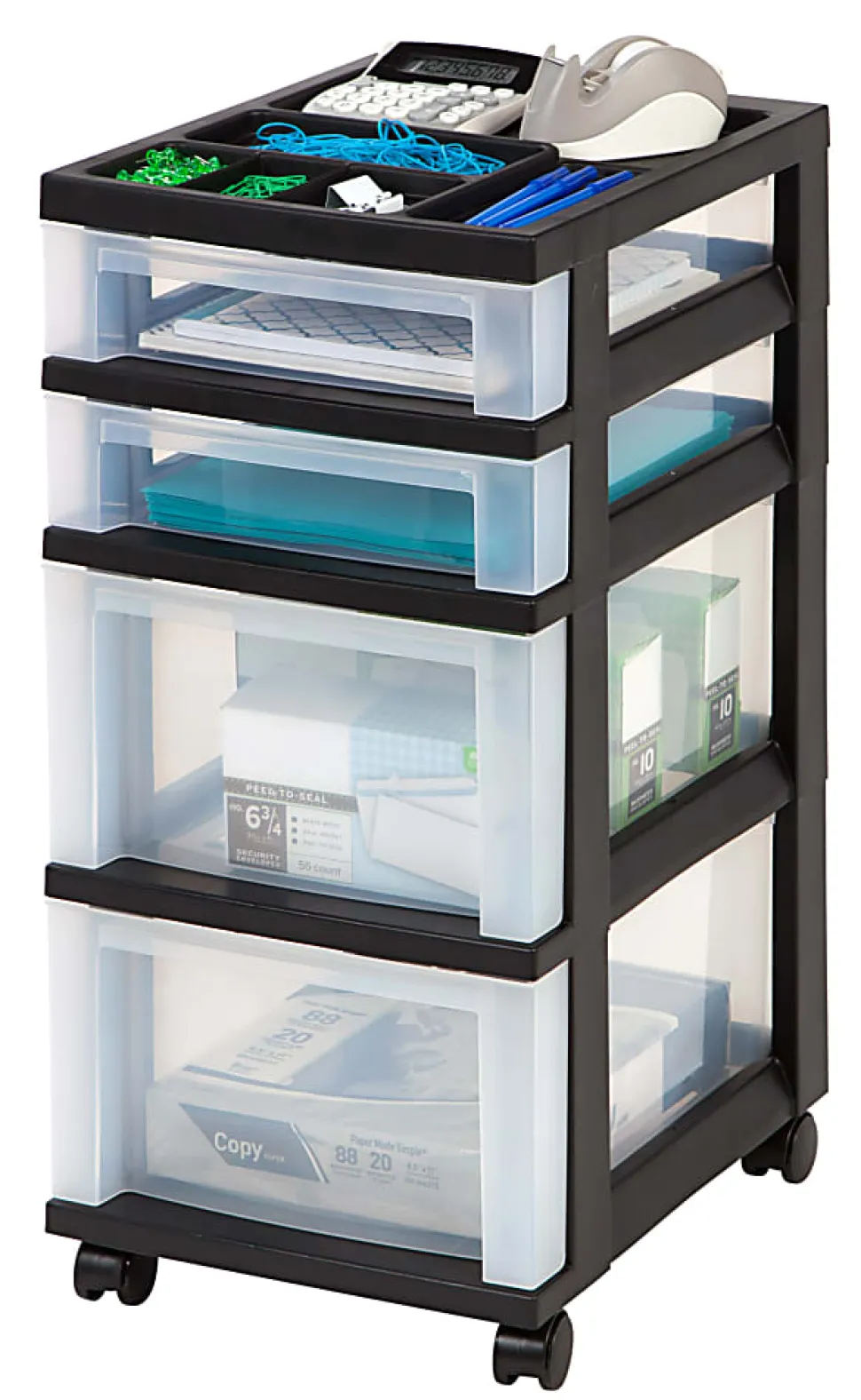 Office Depot® Brand Plastic 4-Drawer Storage Cart, 26 7/16" x 12 1/16" x 14 1/4", Black