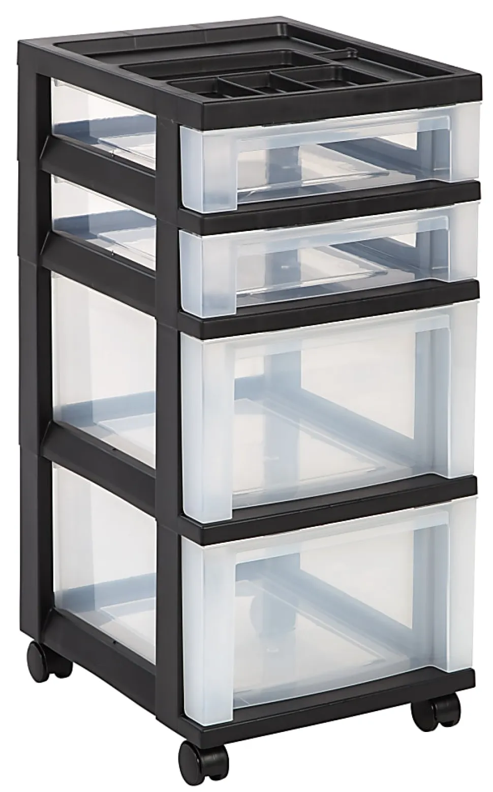 Office Depot® Brand Plastic 4-Drawer Storage Cart, 26 7/16" x 12 1/16" x 14 1/4", Black
