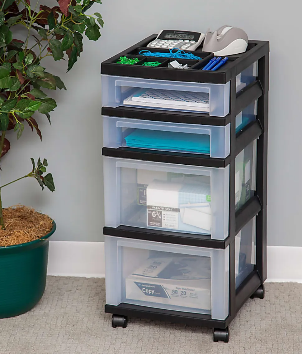 Office Depot® Brand Plastic 4-Drawer Storage Cart, 26 7/16" x 12 1/16" x 14 1/4", Black