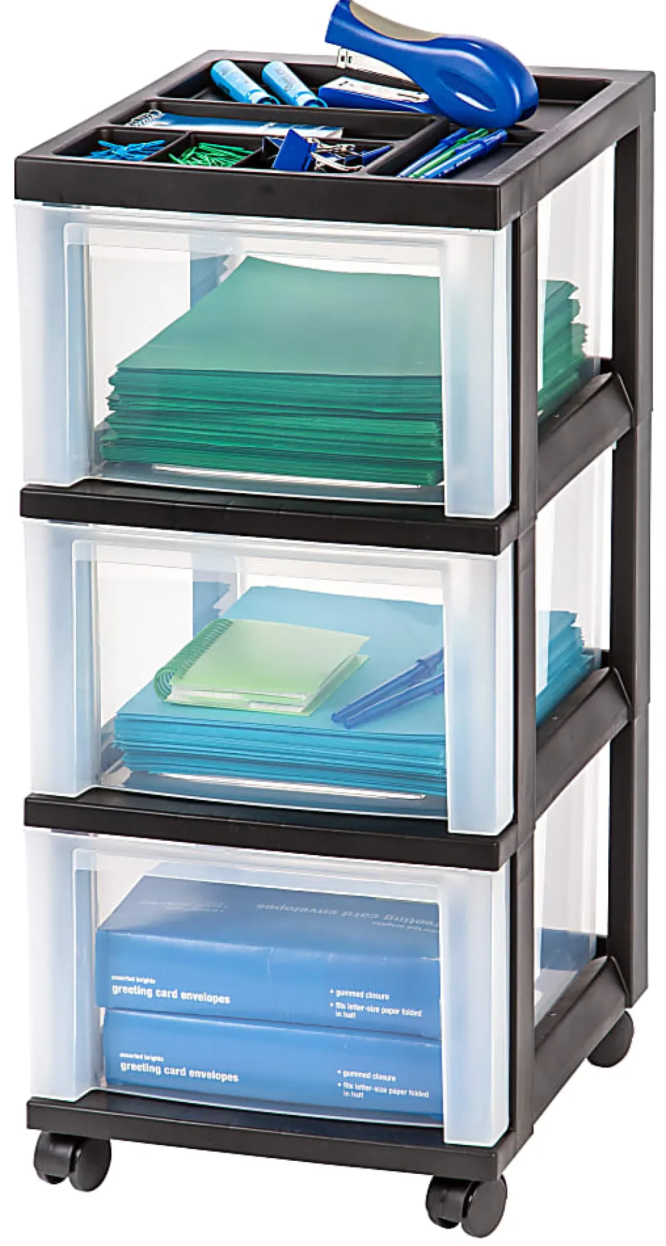 Office Depot® Brand Plastic 3-Drawer Storage Cart, 26 1/5" x 12 1/10" x 14 3/10", Black