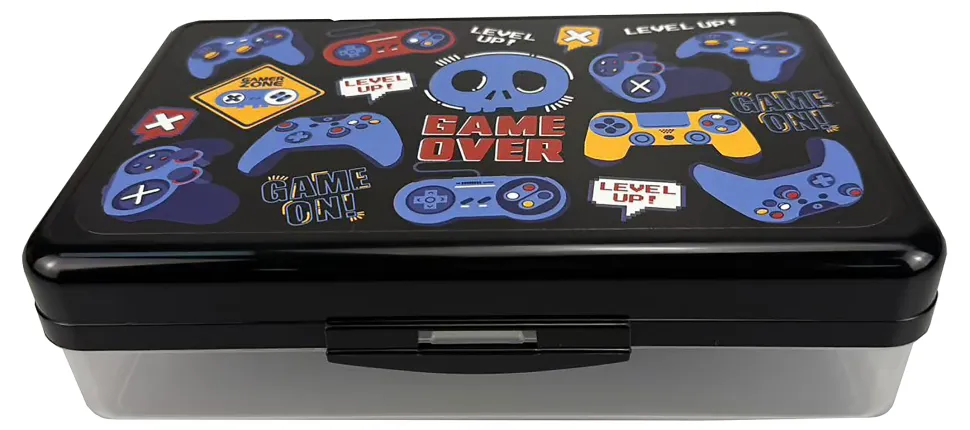 Office Depot® Brand Plastic Pencil Box, 8.66” x 5.11” x 2.28”, Clear/Black, Game Over