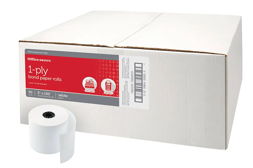 Office Depot® Brand 1-Ply Bond Paper Rolls, 3" x 150', White, Carton Of 50