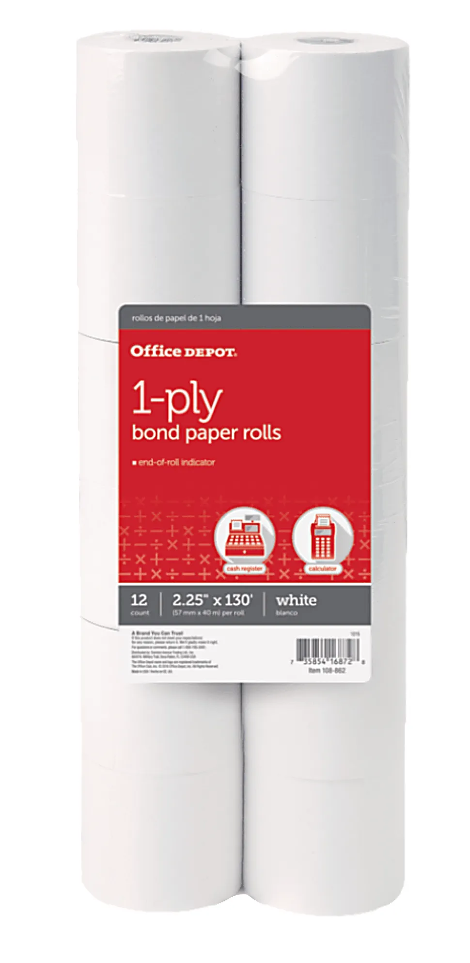 Office Depot® Brand 1-Ply Bond Paper Rolls, 2-1/4" x 130', White, Pack Of 12
