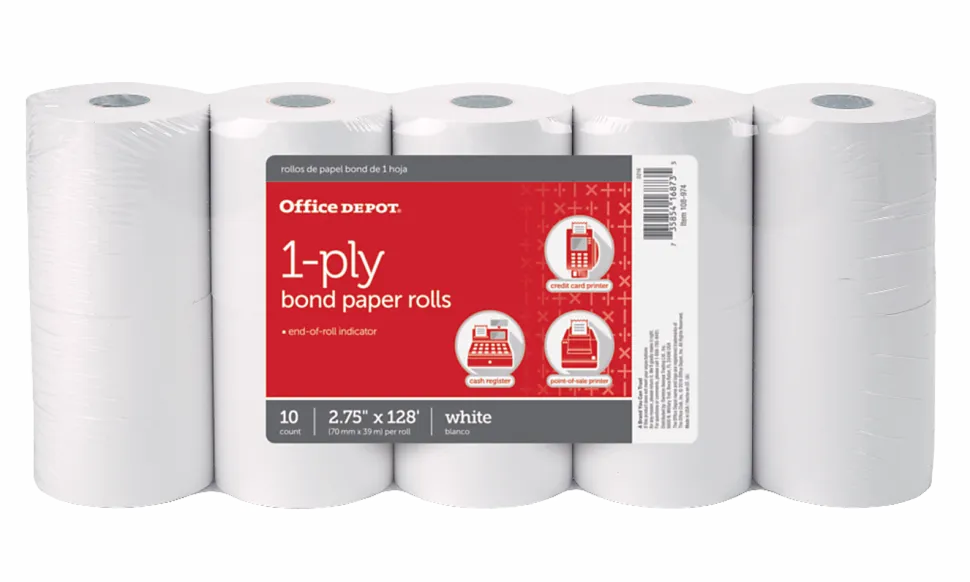 Office Depot® Brand 1-Ply Bond Paper Rolls, 2-3/4" x 128', White, Pack Of 10