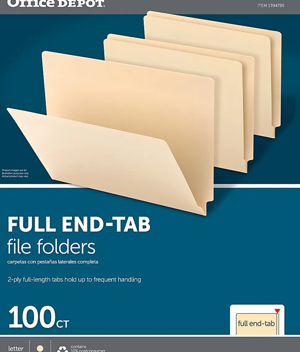 Office Depot® Brand 2-Ply End-Tab Folders, Straight-Cut Tabs, Letter Size, Manila, Box Of 100