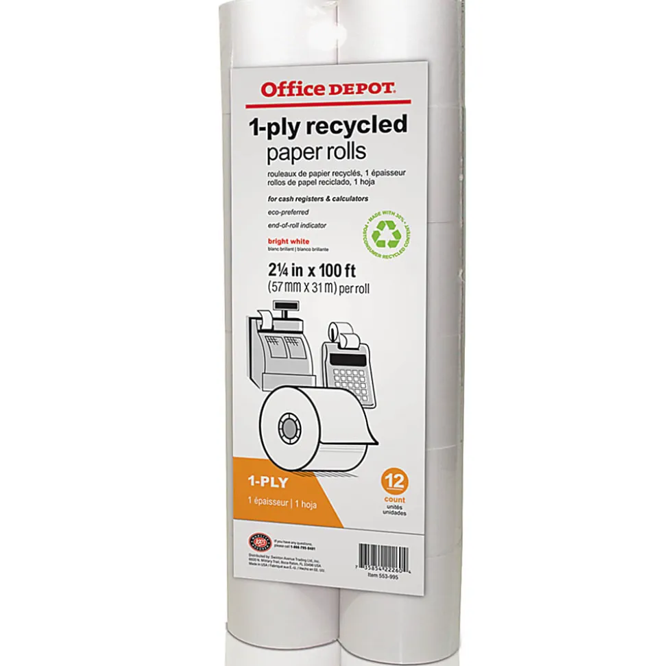Office Depot® Brand 1-Ply Paper Rolls, 2-1/4" x 100', 70% Recycled, White, Pack Of 12