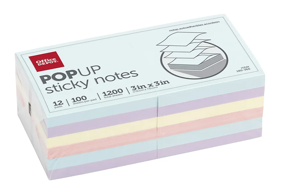 Office Depot® Brand Pop Up Sticky Notes, 3" x 3", Assorted Pastel Colors, 100 Sheets Per Pad, Pack Of 12 Pads