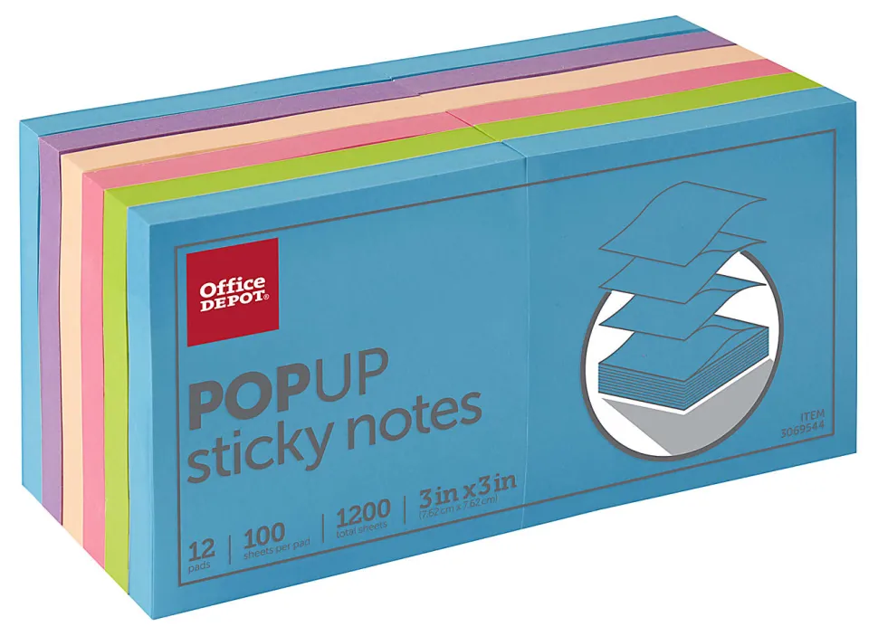Office Depot® Brand Pop-Up Sticky Notes, 3" x 3", Assorted Neon Colors, 100 Sheets Per Pad, Pack Of 12 Pads