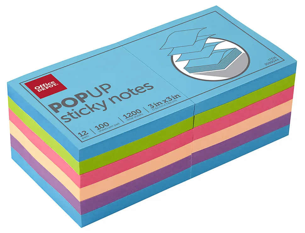 Office Depot® Brand Pop-Up Sticky Notes, 3" x 3", Assorted Neon Colors, 100 Sheets Per Pad, Pack Of 12 Pads