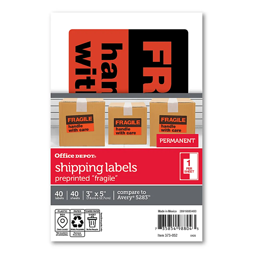 Office Depot® Brand Preprinted Permanent Shipping Labels, OD98804, Pack Of 40