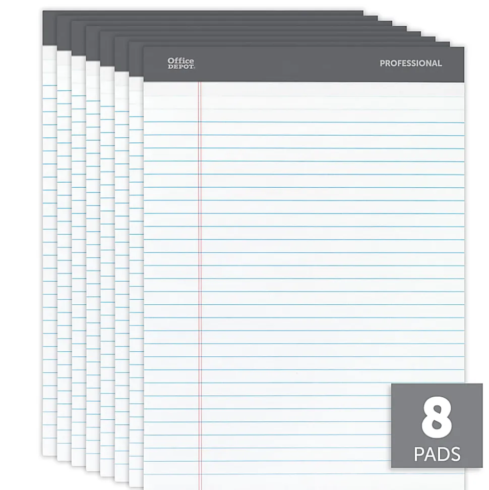 Office Depot® Brand Professional Writing Pads, 8-1/2" x 11-3/4", Legal/Wide Ruled, 50 Sheets, White, Pack Of 8