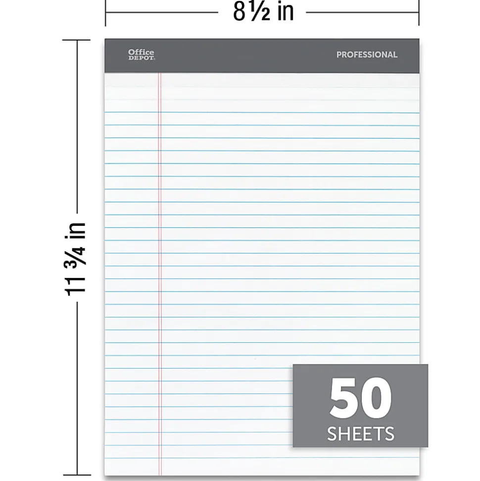 Office Depot® Brand Professional Writing Pads, 8-1/2" x 11-3/4", Legal/Wide Ruled, 50 Sheets, White, Pack Of 8
