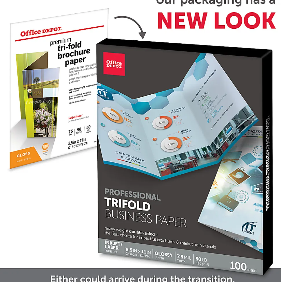 Office Depot® Brand Professional Trifold Business Paper, Glossy, Double-Sided, Letter Size, White, Pack Of 100 Sheets