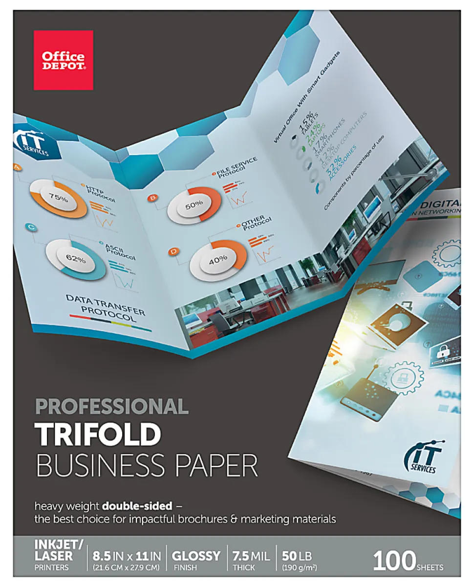 Office Depot® Brand Professional Trifold Business Paper, Glossy, Double-Sided, Letter Size, White, Pack Of 100 Sheets