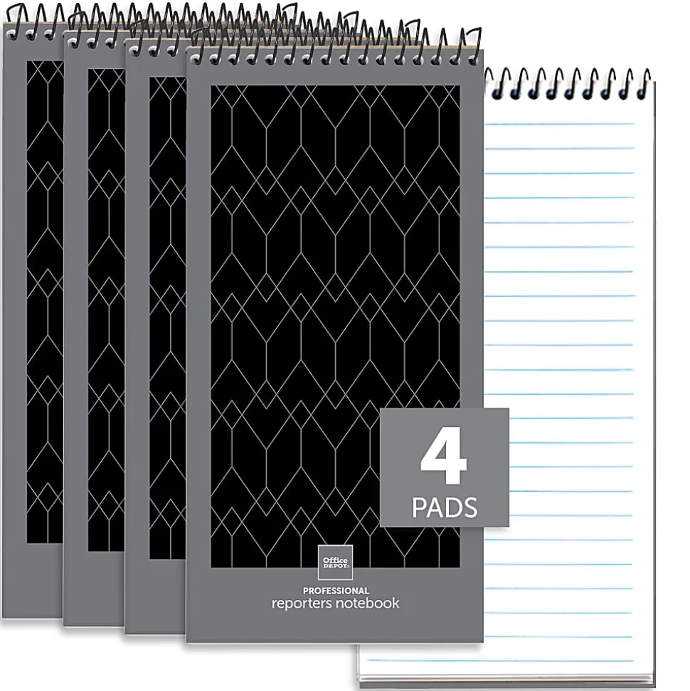 Office Depot® Brand Professional Reporter's Notebook, 4" x 8", Black/Gray, Legal/Wide Ruled, 70 Sheets, Pack Of 4