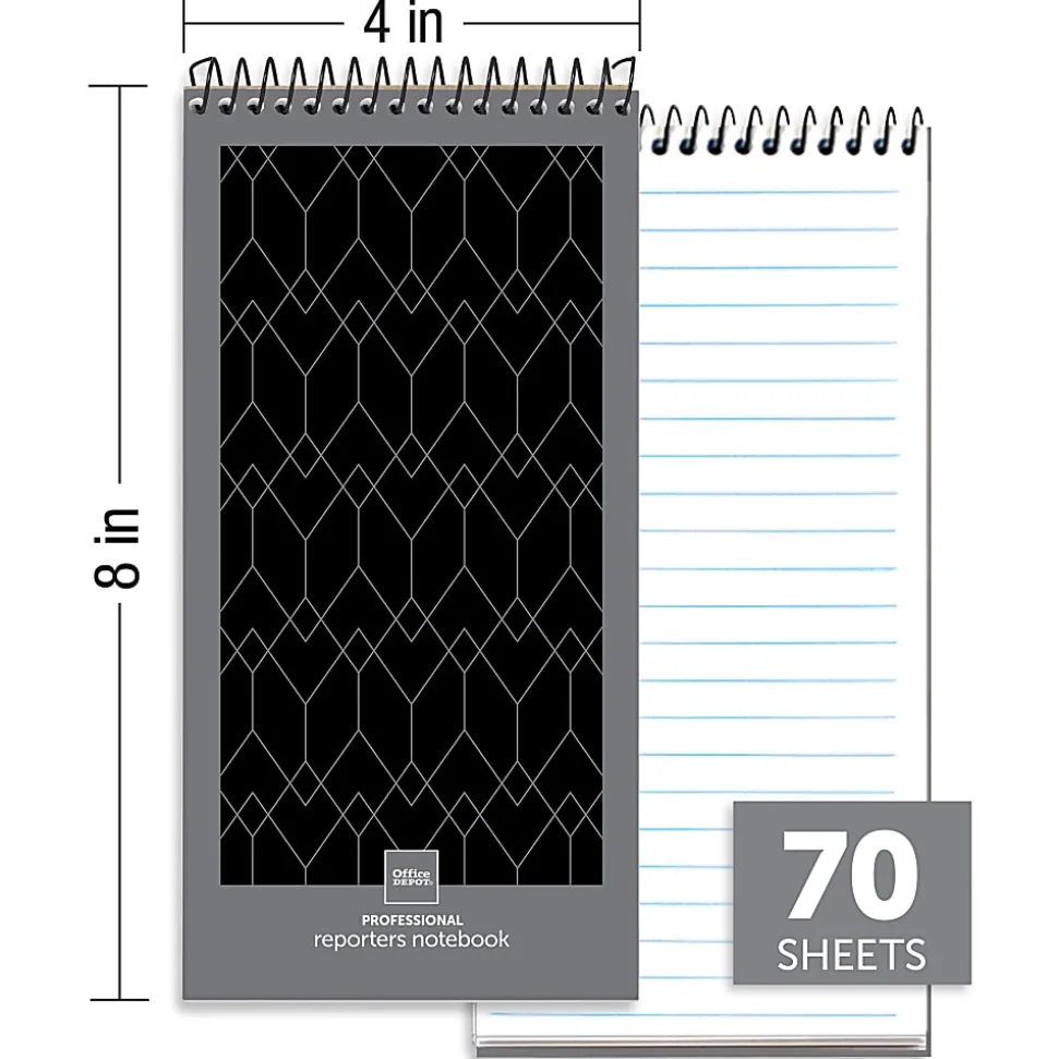 Office Depot® Brand Professional Reporter's Notebook, 4" x 8", Black/Gray, Legal/Wide Ruled, 70 Sheets, Pack Of 4