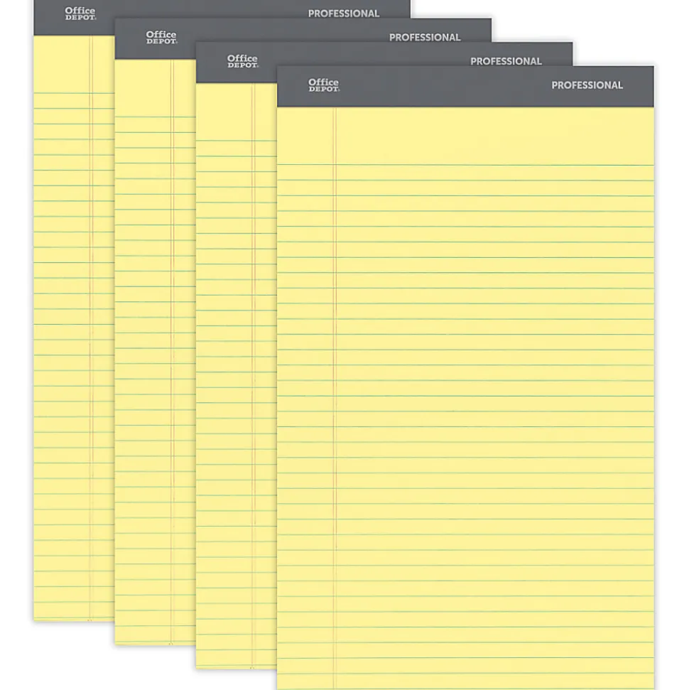 Office Depot® Brand Professional Writing Pads, 8-1/2" x 14", Legal/Wide Ruled, 50 Sheets, Canary, Pack Of 4