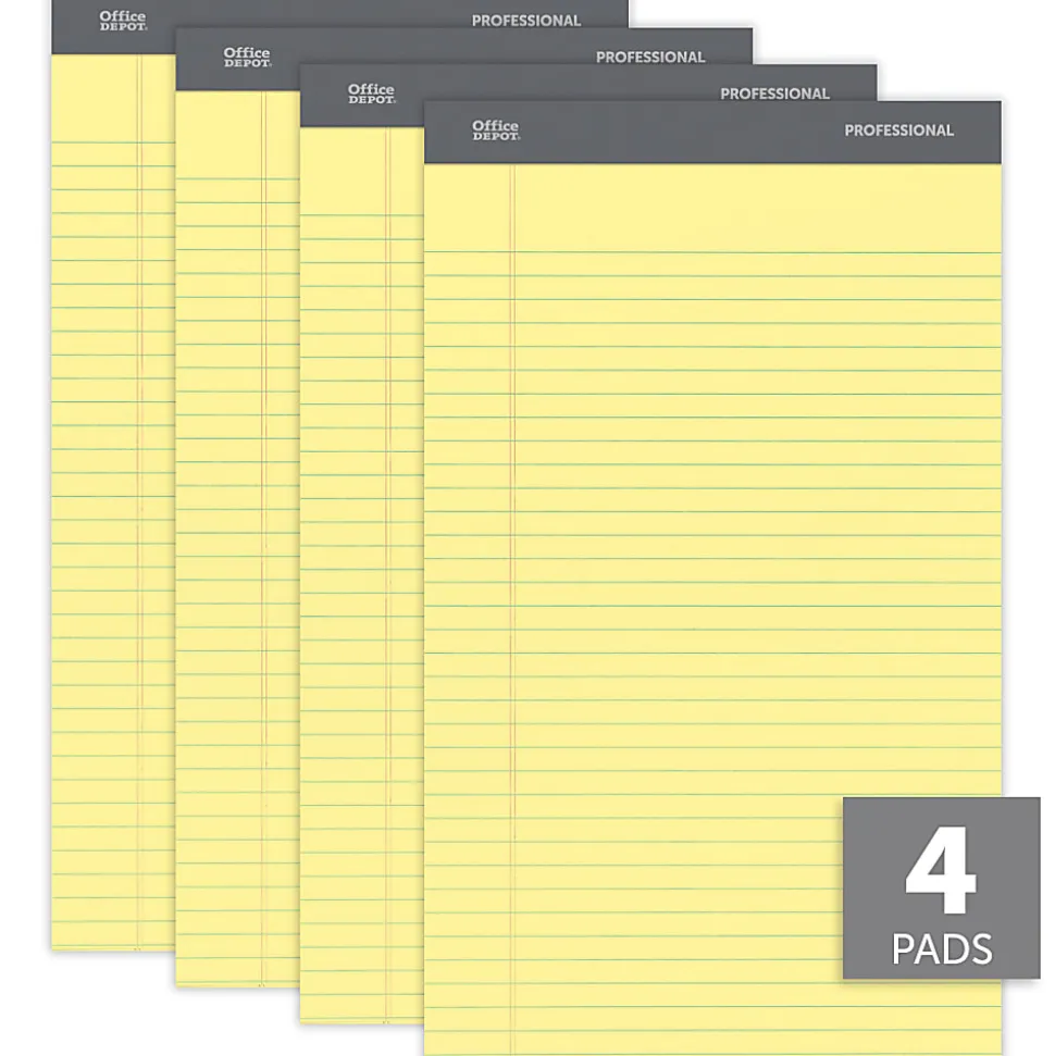 Office Depot® Brand Professional Writing Pads, 8-1/2" x 14", Legal/Wide Ruled, 50 Sheets, Canary, Pack Of 4