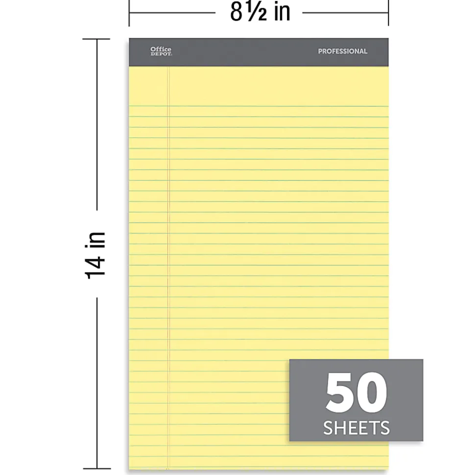 Office Depot® Brand Professional Writing Pads, 8-1/2" x 14", Legal/Wide Ruled, 50 Sheets, Canary, Pack Of 4