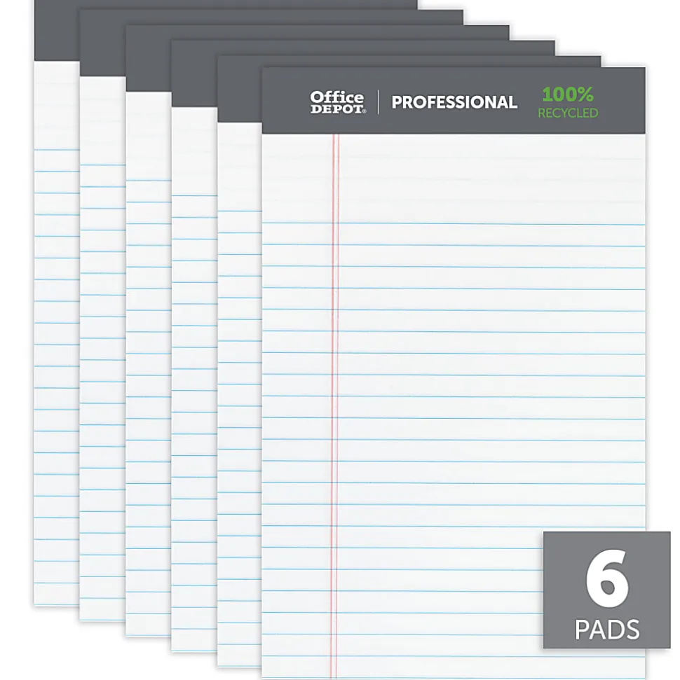 Office Depot® Brand Professional Writing Pads, 5" x 8", Narrow Ruled, 50 Sheets, 100% Recycled, White, Pack Of 6