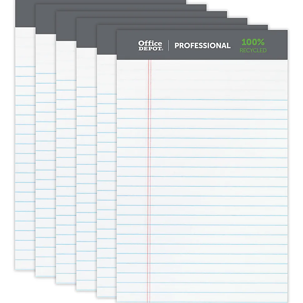 Office Depot® Brand Professional Writing Pads, 5" x 8", Narrow Ruled, 50 Sheets, 100% Recycled, White, Pack Of 6