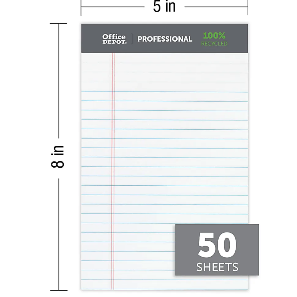 Office Depot® Brand Professional Writing Pads, 5" x 8", Narrow Ruled, 50 Sheets, 100% Recycled, White, Pack Of 6