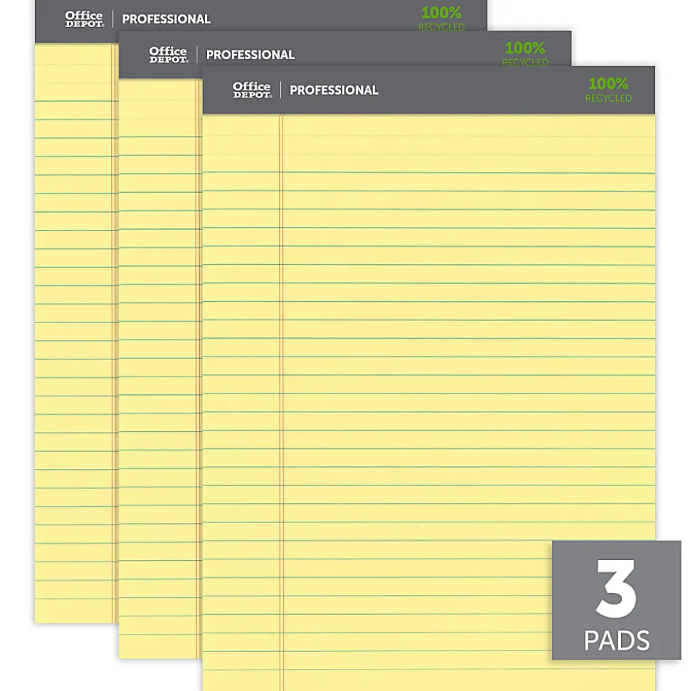 Office Depot® Brand Professional Writing Pads, 8 1/2" x 11 3/4", Legal/Wide Ruled, 50 Sheets, 100% Recycled, Canary, Pack Of 3