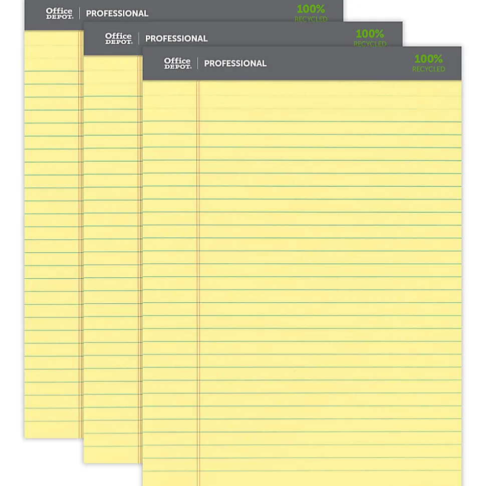 Office Depot® Brand Professional Writing Pads, 8 1/2" x 11 3/4", Legal/Wide Ruled, 50 Sheets, 100% Recycled, Canary, Pack Of 3