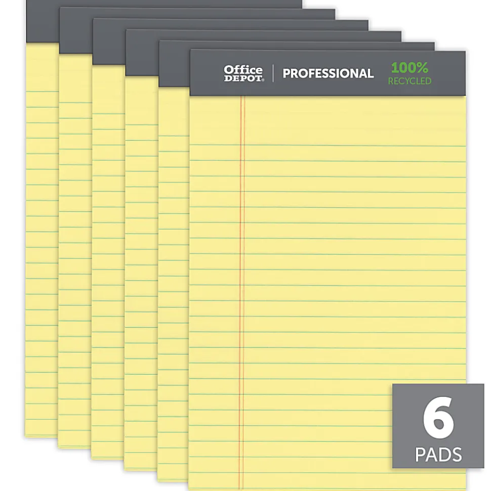 Office Depot® Brand Professional Writing Pads, 5" x 8", Narrow Ruled, 50 Sheets, 100% Recycled, Canary, Pack Of 6