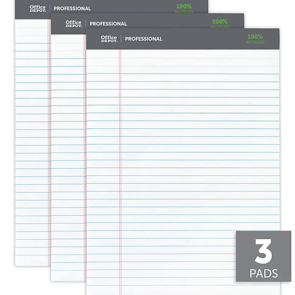 Office Depot® Brand Professional Writing Pads, 8-1/2" x 11-3/4", Legal/Wide Ruled, 50 Sheets, 100% Recycled, White, Pack Of 3