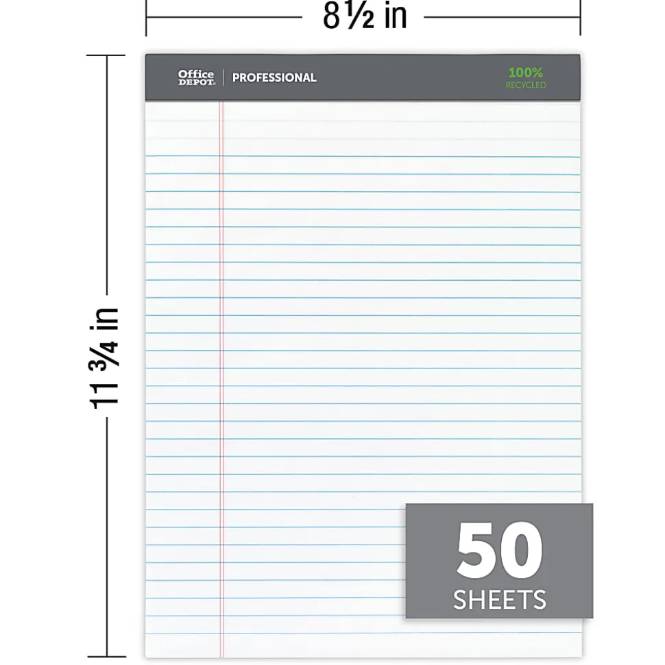 Office Depot® Brand Professional Writing Pads, 8-1/2" x 11-3/4", Legal/Wide Ruled, 50 Sheets, 100% Recycled, White, Pack Of 3