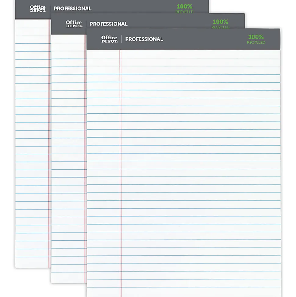 Office Depot® Brand Professional Writing Pads, 8-1/2" x 11-3/4", Legal/Wide Ruled, 50 Sheets, 100% Recycled, White, Pack Of 3