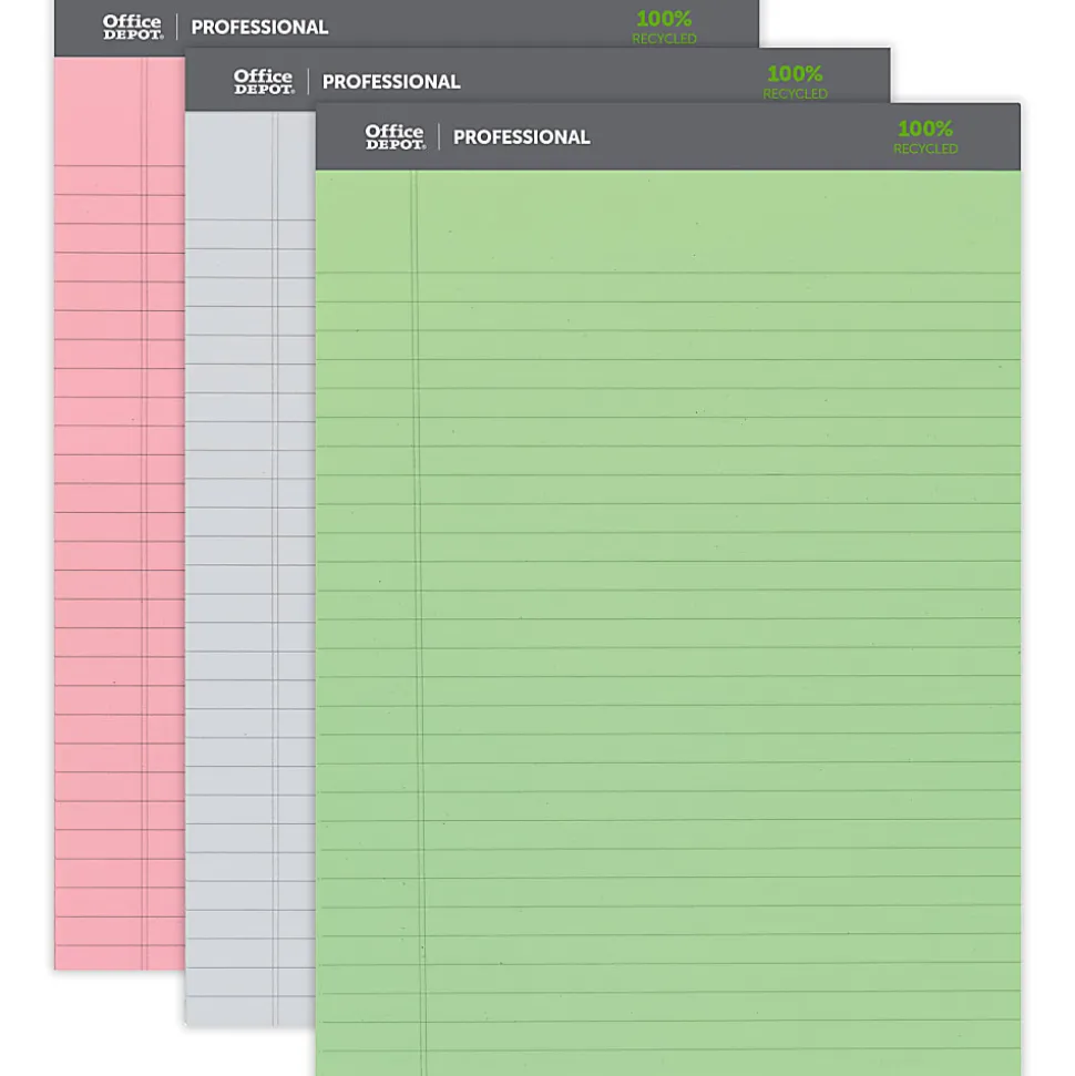 Office Depot® Brand Professional Writing Pads, 8-1/2" x 11-3/4", Legal/Wide Ruled, 50 Sheets, Assorted Colors, Pack Of 3