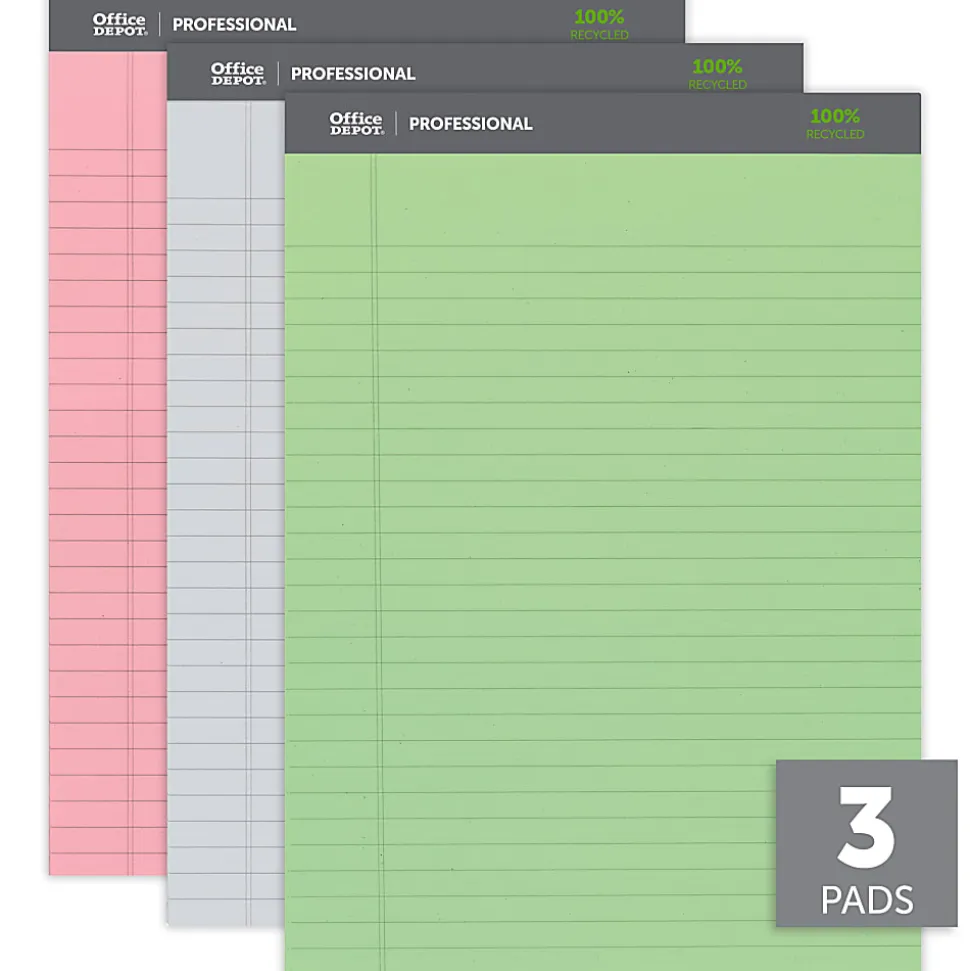 Office Depot® Brand Professional Writing Pads, 8-1/2" x 11-3/4", Legal/Wide Ruled, 50 Sheets, Assorted Colors, Pack Of 3