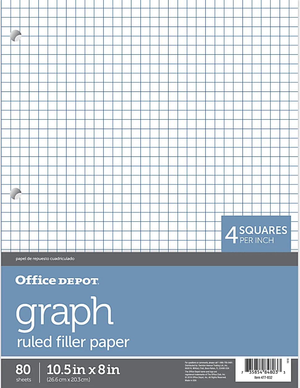 Office Depot® Brand Quadrille-Ruled Notebook Filler Paper, 8" x 10 1/2", White, Pack Of 80 Sheets