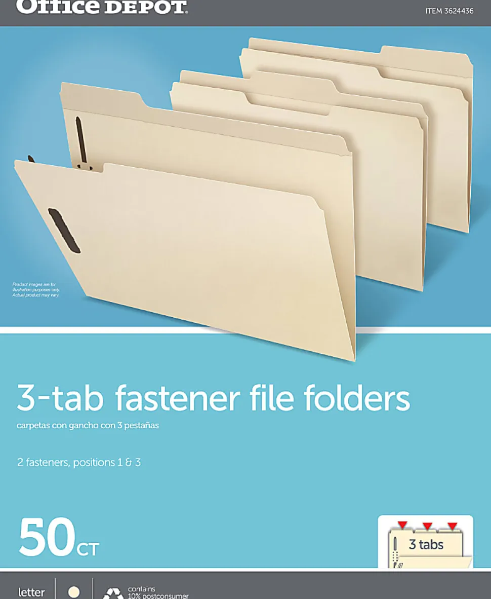 Office Depot® Brand Reinforced Manila Folder With 2 Embossed Fasteners, 1/3-Cut Tabs, Letter Size, Box Of 50