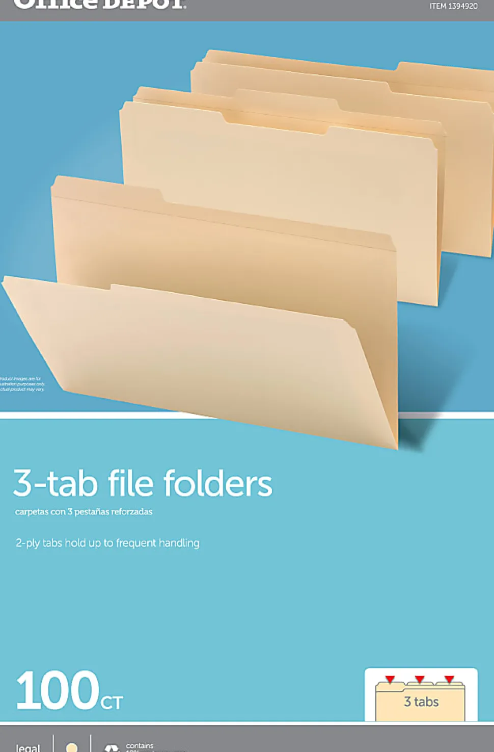 Office Depot® Brand Reinforced File Folders, 1/3-Cut Tabs, Legal Size, Manila, Box Of 100