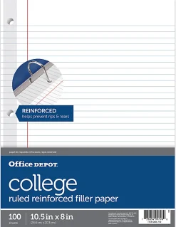 Office Depot® Brand Reinforced Filler Paper, 8" x 10-1/2", College Ruled, White, Pack Of 100 Sheets