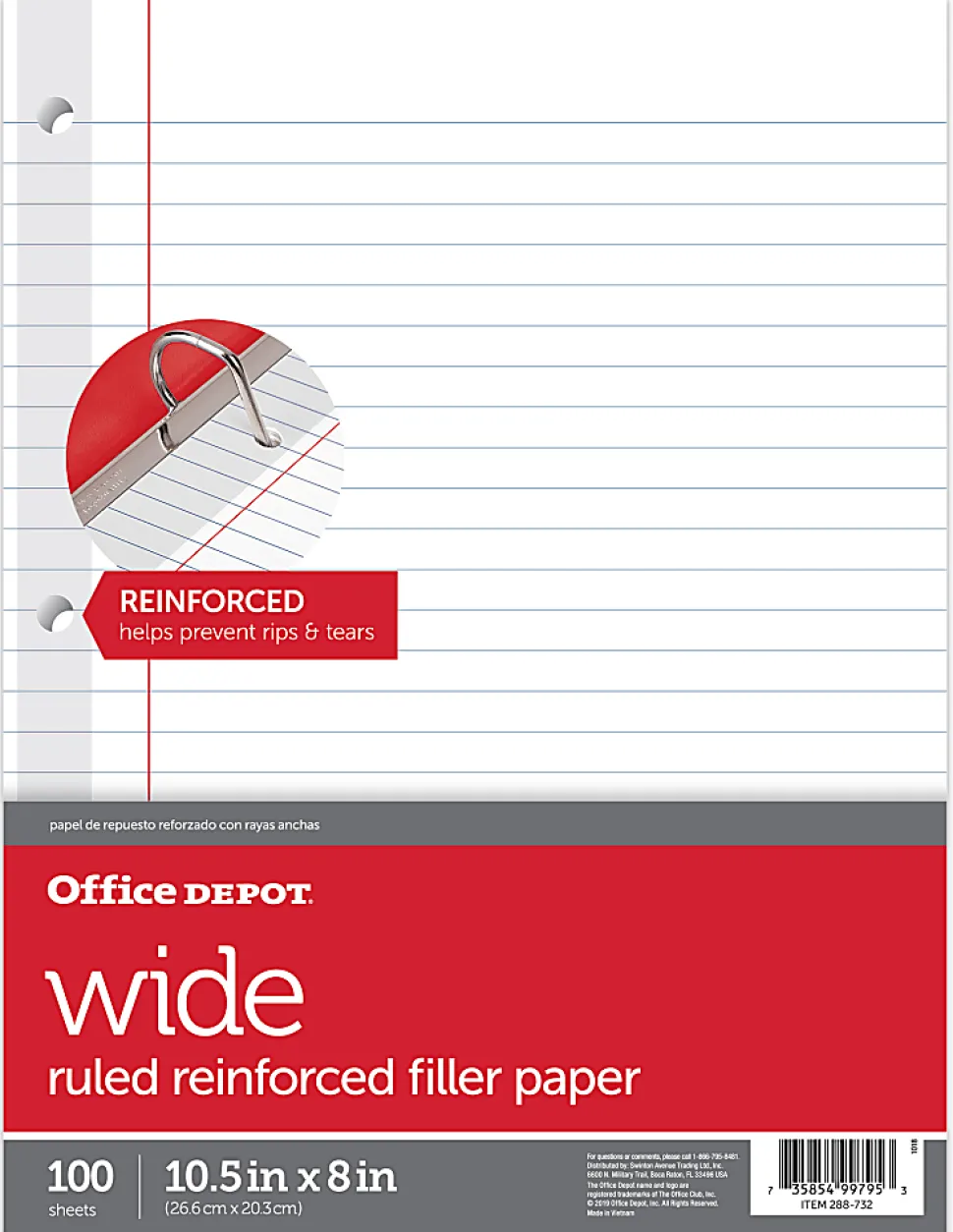 Office Depot® Brand Reinforced Filler Paper, 8" x 10-1/2", Wide Ruled, White, Pack Of 100 Sheets