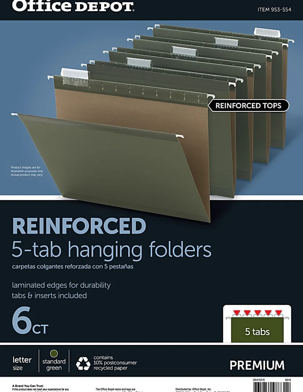 Office Depot® Brand Reinforced Hanging File Folders, 8 1/2" x 11", Letter Size, Standard Green, Pack Of 6 Folders