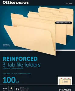 Office Depot® Brand Reinforced File Folders, 1/3-Cut Tabs, Letter Size, Manila, Box Of 100
