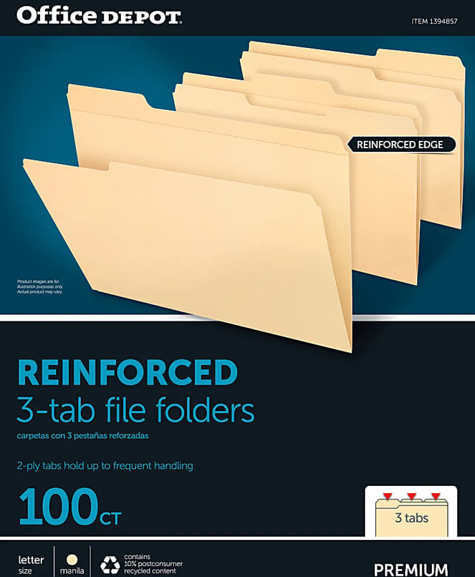 Office Depot® Brand Reinforced File Folders, 1/3-Cut Tabs, Letter Size, Manila, Box Of 100