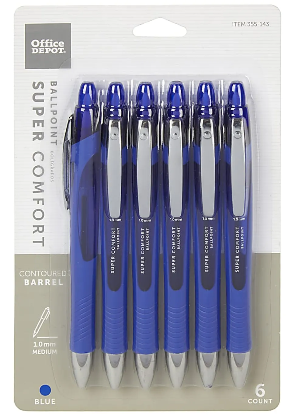 Office Depot® Brand Retractable Ballpoint Pens With Grip, Medium Point, 1.0 mm, Blue Barrel, Blue Ink, Pack Of 6