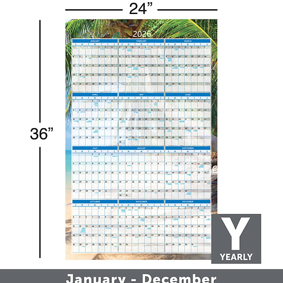 2026 Office Depot® Brand Reversible Erasable Wall Calendar, 24" x 36", Paradise, January to December