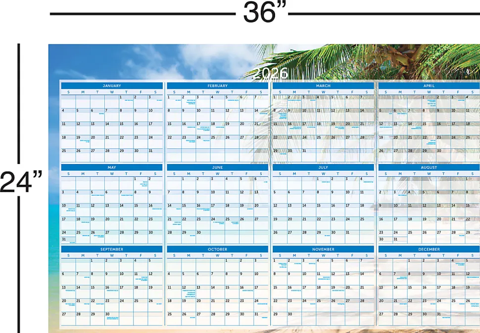 2026 Office Depot® Brand Reversible Erasable Wall Calendar, 24" x 36", Paradise, January to December